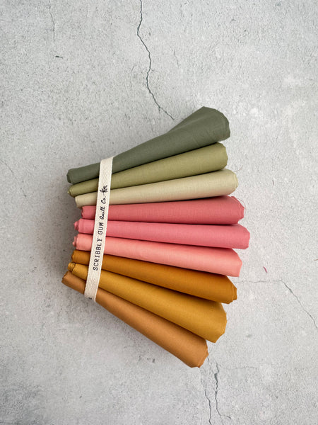 Curated fat quarter bundle ‘Little Sandy Oasis’- 9 Fat Quarters (Kona, Bella, Devonstone)