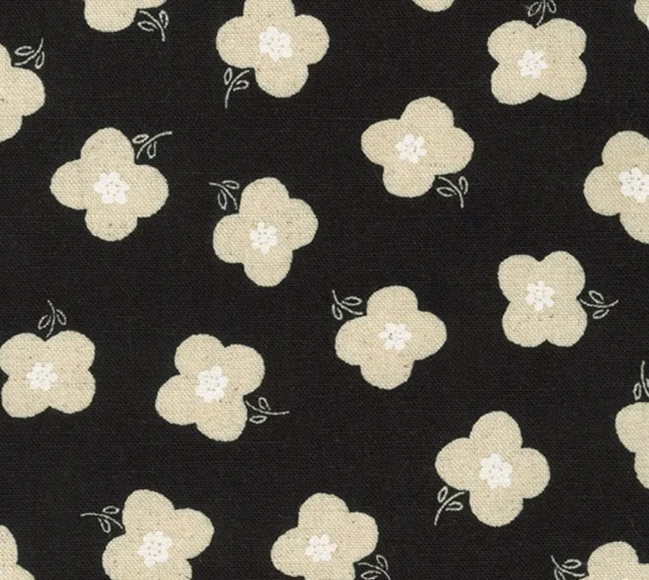 SALE Kaufman Sevenberry Cotton Flax Prints - Black with Taupe Flowers (sold in 25cm  (10") increments)