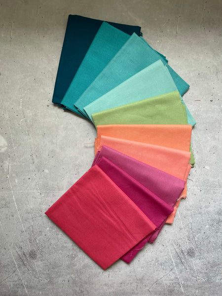Fat Quarter Bundle- 'Retro Rainbow' (10) Fat Quarters (Kona, Bella and Devonstone solids)
