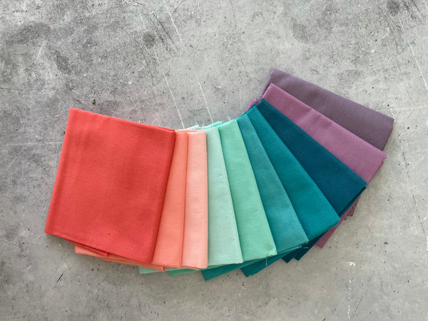 Curated Fat Quarter Bundle- 'Calypso Quartet’ 10 Fat Quarters (Kona, Moda Bella and Devonstone solids)